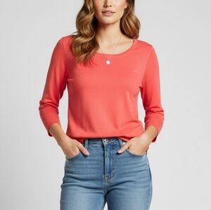 Repeat 100% Cotton 3/4 Sleeve Scoop Neck Top | Coral Red | M Quiet Luxury